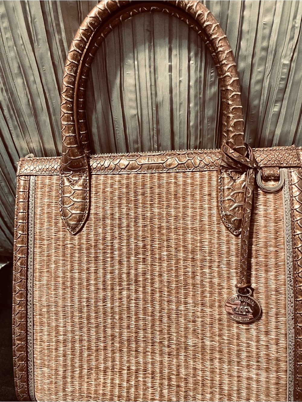 Brahmin Woven Straw Bag with Golden and Bronze Trim…